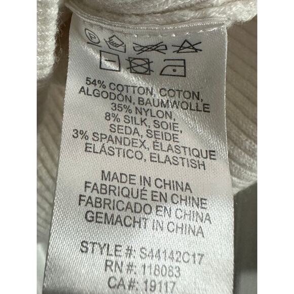 MINNIE ROSE Creamy White Lace-Up V-Neck Cotton-Silk Ribbed Top Shirt - Sz M - Picture 4 of 5